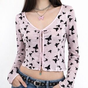 Y2K Sheer Butterfly Velvet Tie Front Bell Sleeve Fairy Grunge Crop Top Size L